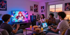 Friends enjoying hentai games on a big screen in a cozy living room with snacks and vibrant lighting.
