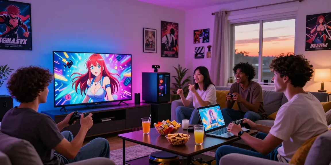 Friends enjoying hentai games on a big screen in a cozy living room with snacks and vibrant lighting.