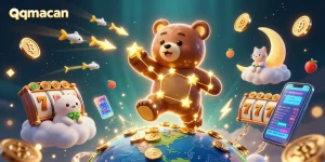 Play slots at qqmacan and win big with golden stars and vibrant coins in a dynamic casino scene.