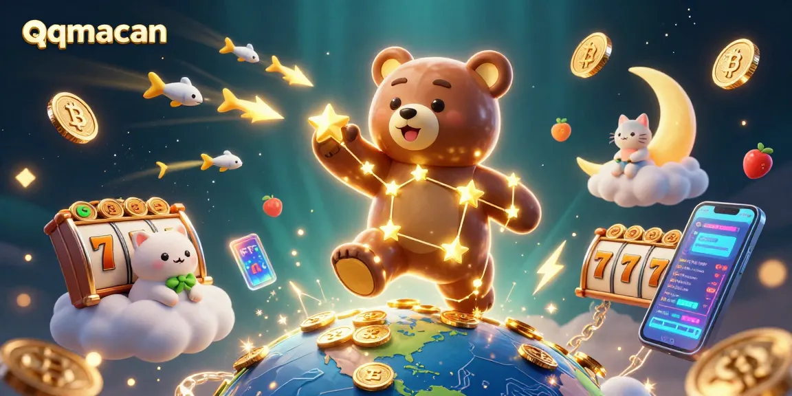 Play slots at qqmacan and win big with golden stars and vibrant coins in a dynamic casino scene.