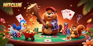 Experience HITCLUB's vibrant gaming scene with a beaver and friends enjoying poker and gold treasures.