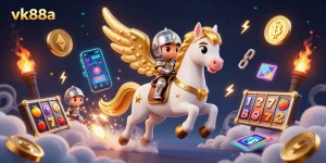 Join the excitement with vk88a, showcasing a celestial gaming adventure among crypto coins and vibrant slot reels.