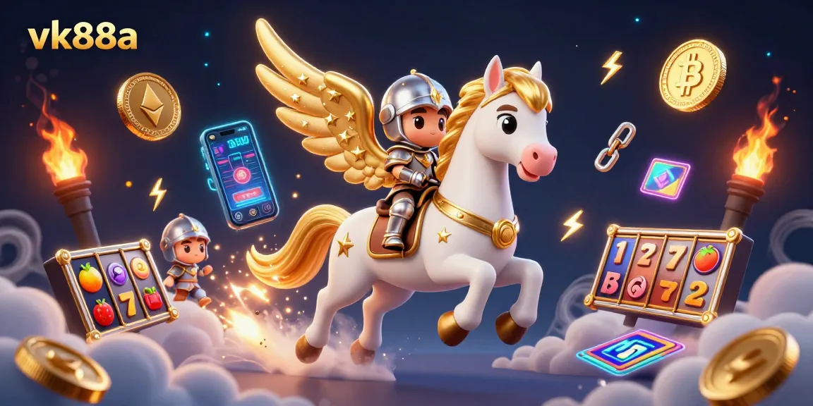 Join the excitement with vk88a, showcasing a celestial gaming adventure among crypto coins and vibrant slot reels.