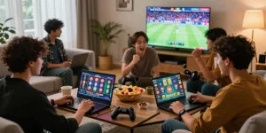 Friends enjoying an exciting HM 88 online gaming experience in a modern living room.