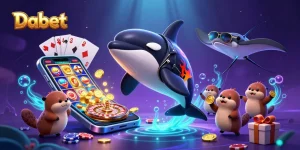 Dabet offers thrilling casino action with colorful slots and gold coins in a vibrant underwater scene.