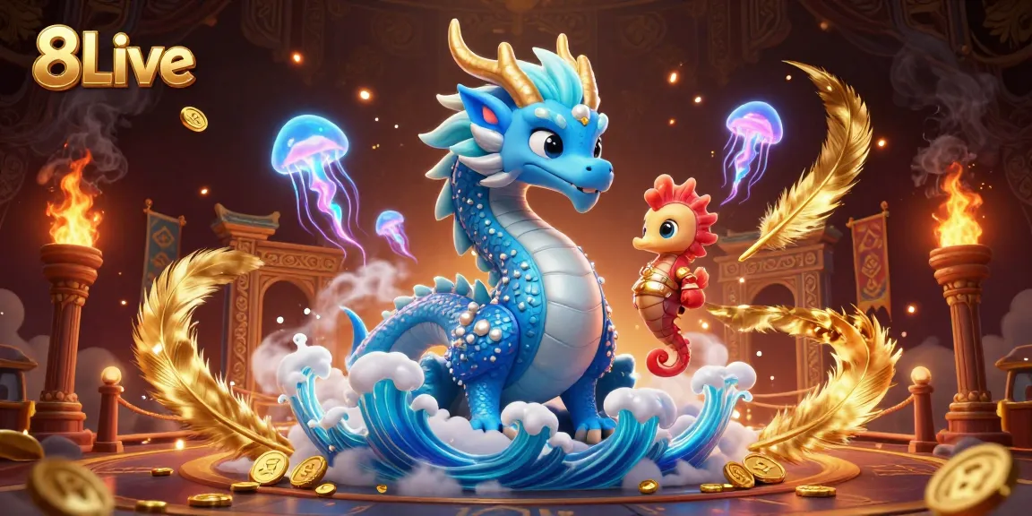 Win big with 8Live's vibrant casino adventure featuring a water dragon and seahorse knight.