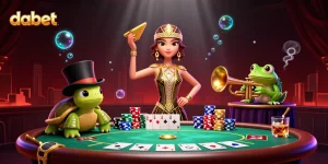 Dabet players engage in a high-stakes poker game with vibrant characters and dynamic casino elements.