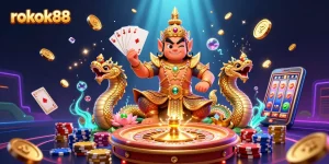 Experience the excitement of rokok88 with vibrant casino elements and animated characters celebrating wins.