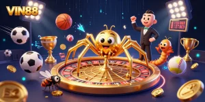 Engage in thrilling betting at VIN88 with a golden spider and centipede dealers in a dynamic casino scene.