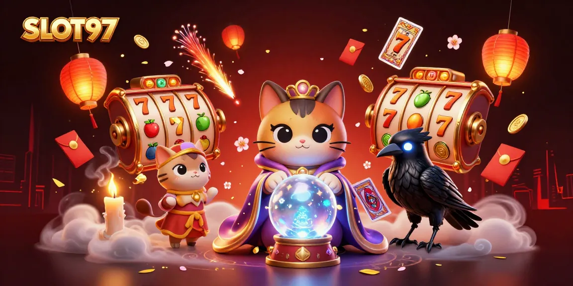 Engage with SLOT97 at a lively online casino featuring vibrant slot reels and enchanting characters.