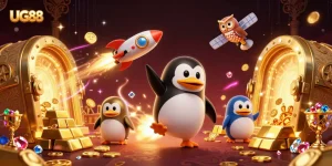 Experience the thrill of UG88 with the golden penguin racing towards a jackpot casino in space.