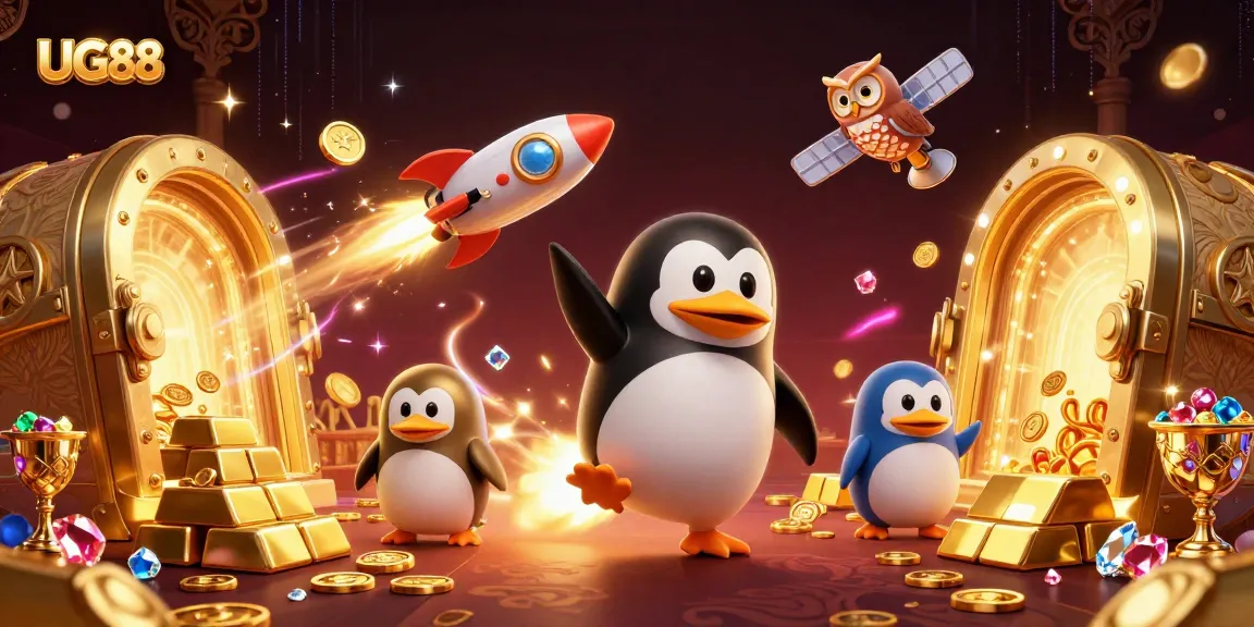 Experience the thrill of UG88 with the golden penguin racing towards a jackpot casino in space.