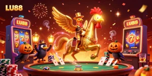 LU88 casino action featuring vibrant slot machines, jackpot counters, and colorful poker elements.