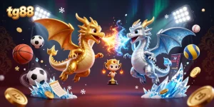 Engage with tg88 as dynamic 3D dragons illustrate casino excitement amidst flying sports elements.