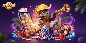 rr88m1 com celebrates winning with vibrant triceratops crafting poker chip towers.