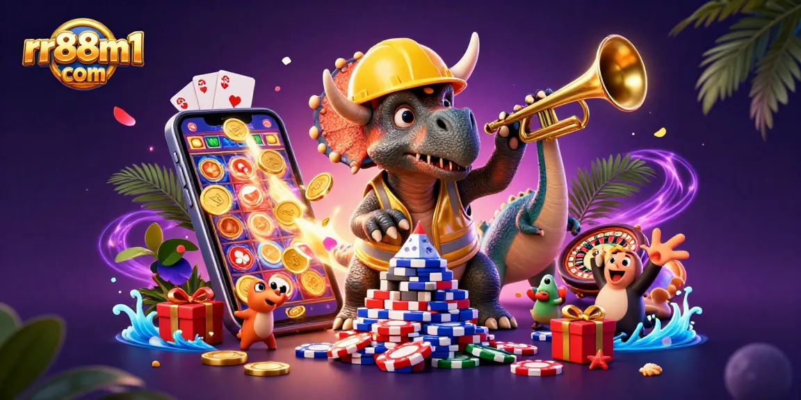 rr88m1 com celebrates winning with vibrant triceratops crafting poker chip towers.