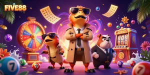 Experience FIVE88's thrilling gaming scene with raptors in disguise and vibrant casino elements.
