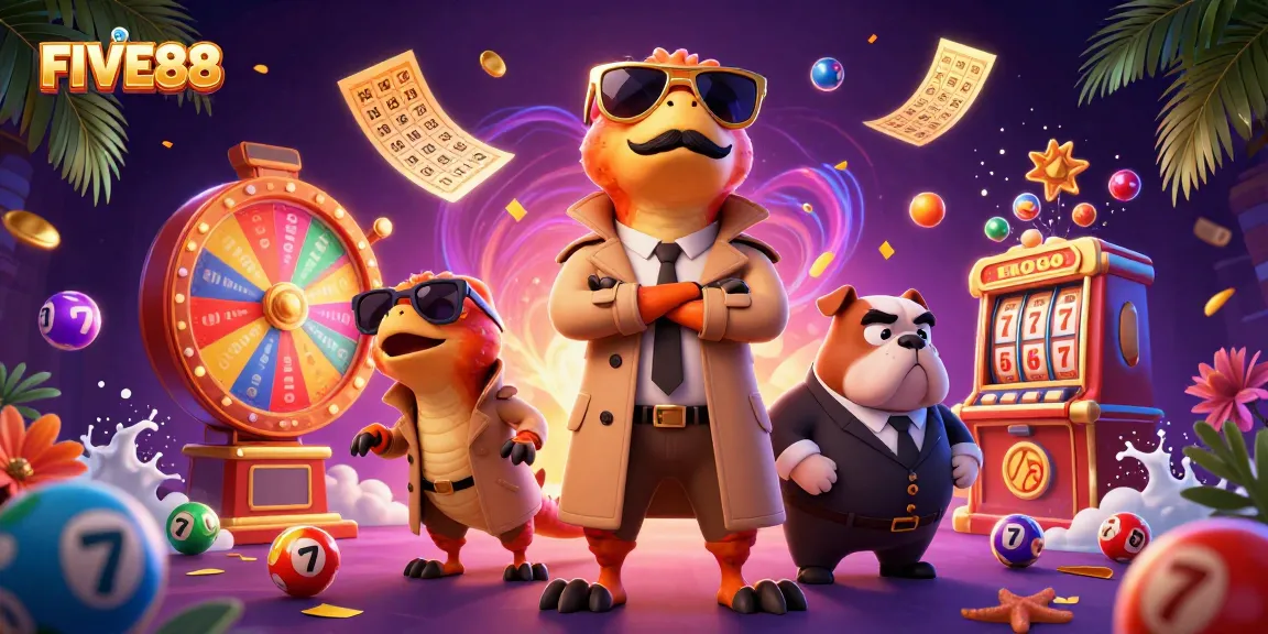 Experience FIVE88's thrilling gaming scene with raptors in disguise and vibrant casino elements.