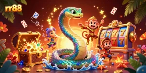 Experience thrilling gaming adventures at rr88 with vibrant 3D illustration featuring a playful monkey king and golden serpent.