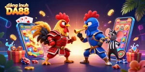 Engage in dynamic action with đăng nhập DA88, featuring cartoon roosters and gaming elements.