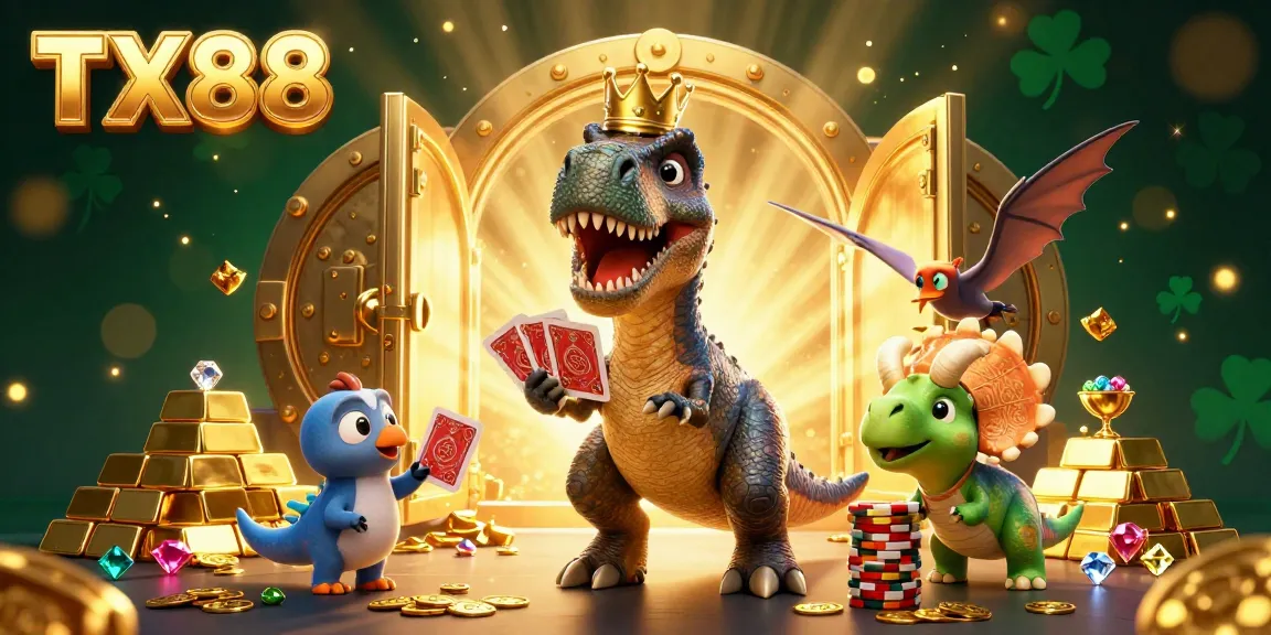 Engage in thrilling gaming at TX88 with a friendly T-Rex shuffling cards and a pterodactyl assistant in a dazzling casino scene.