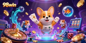 Experience the excitement of winning at 98win with a vibrant casino scene featuring fun characters and animated games.