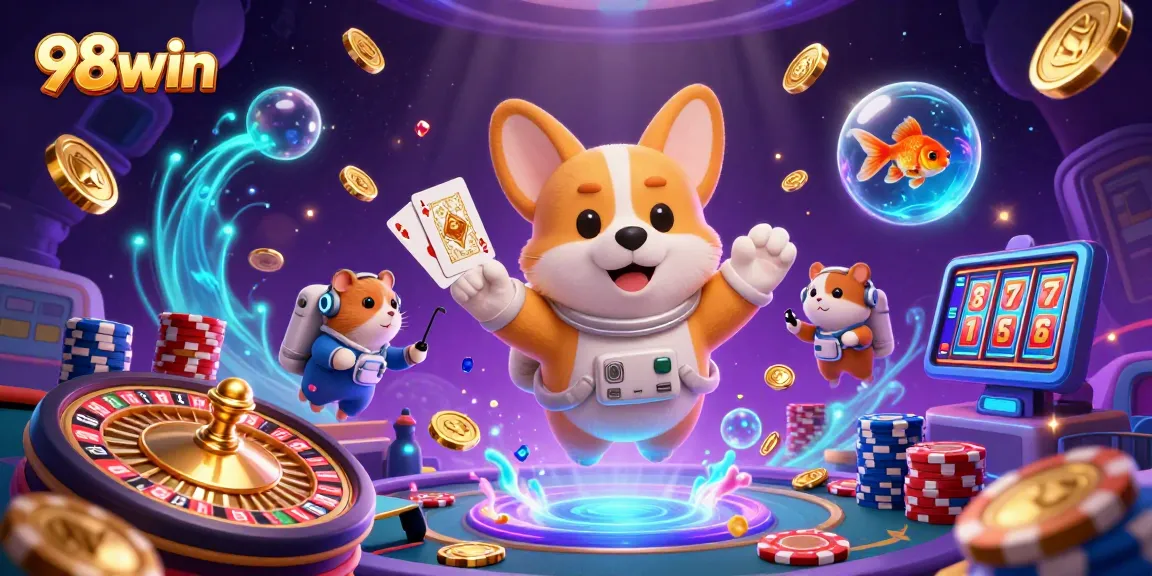 Experience the excitement of winning at 98win with a vibrant casino scene featuring fun characters and animated games.