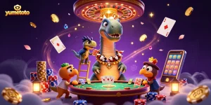 Experience thrilling gameplay at yumetoto with a lively 3D scene featuring a brontosaurus and raptor amidst casino elements.