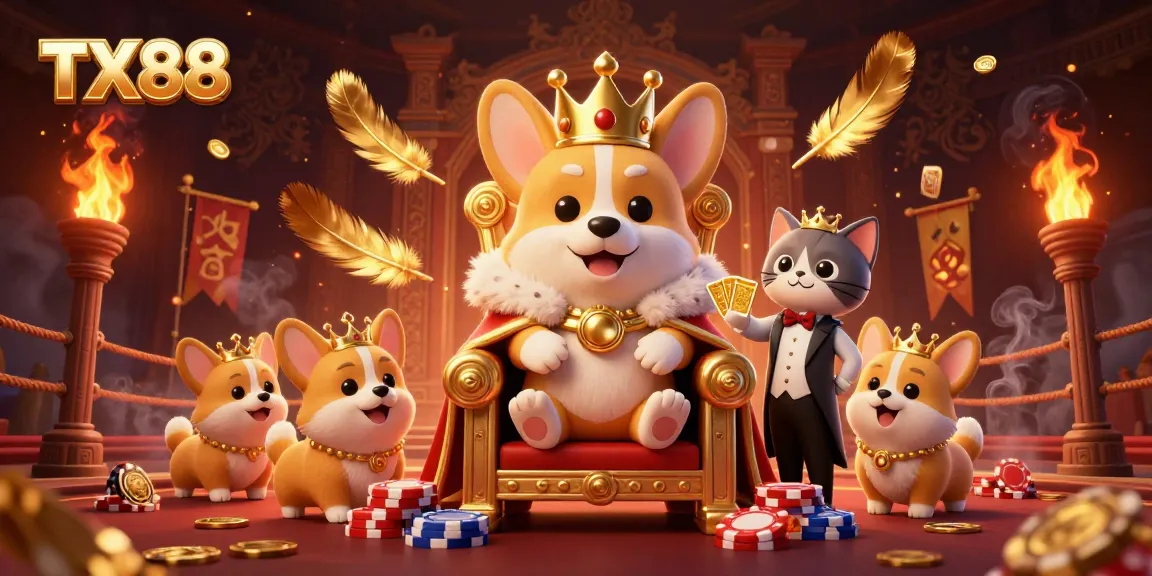 Engage with TX88's vibrant casino world featuring a royal corgi and dynamic game elements.