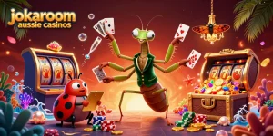 Experience thrill at jokaroom aussie casinos with a vibrant 3D casino scene featuring lively characters.