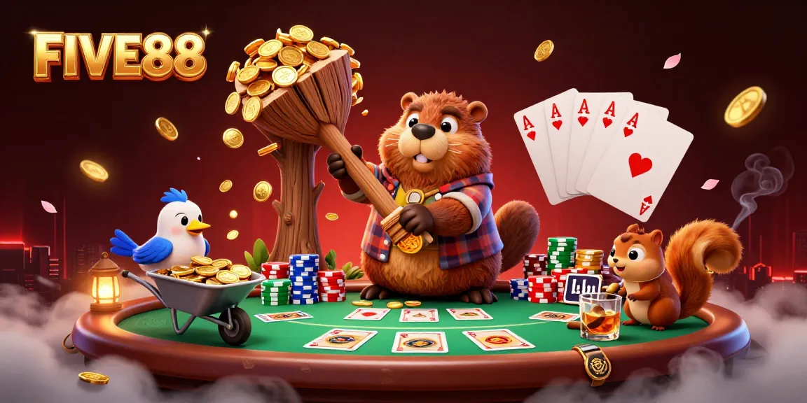 FIVE88 features an engaging cartoon scene with vibrant characters and dynamic gambling elements.