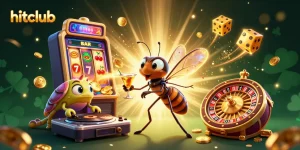 Experience hitclub with vibrant slot machine and 3D mascot in an exciting casino scene.