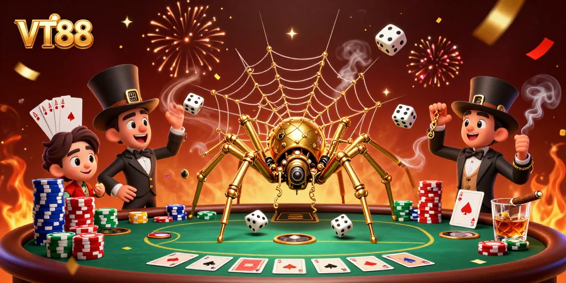 Engage with VT88's immersive casino experience featuring a cartoony golden spider and poker elements.