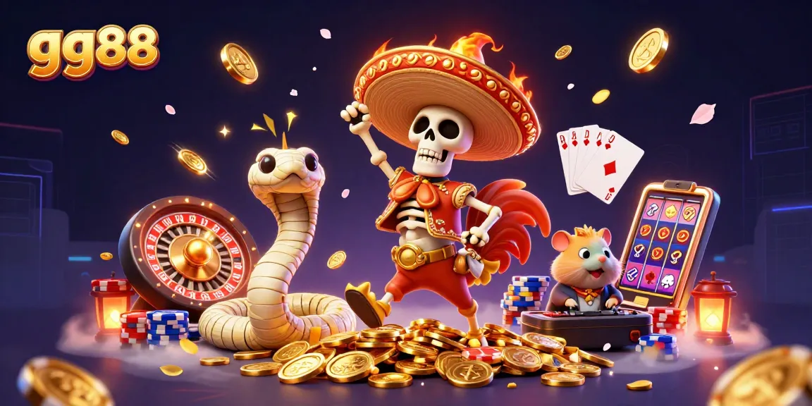 Experience gg88’s excitement with a vibrant casino scene full of animated characters and golden coins.