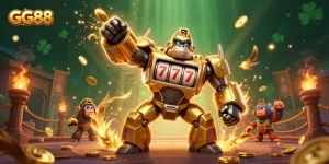 Experience the thrilling action at GG88 with a vibrant, dynamic casino scene featuring a golden gorilla mech.
