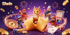 Experience the excitement of 13win with magical casino elements and vibrant characters in this captivating illustration.