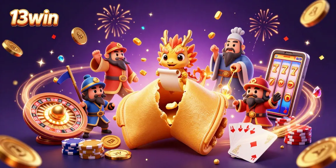 Experience the excitement of 13win with magical casino elements and vibrant characters in this captivating illustration.