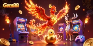 Engage with Gem88's immersive gaming experience featuring a vibrant 3D illustration of a phoenix and gaming icons.