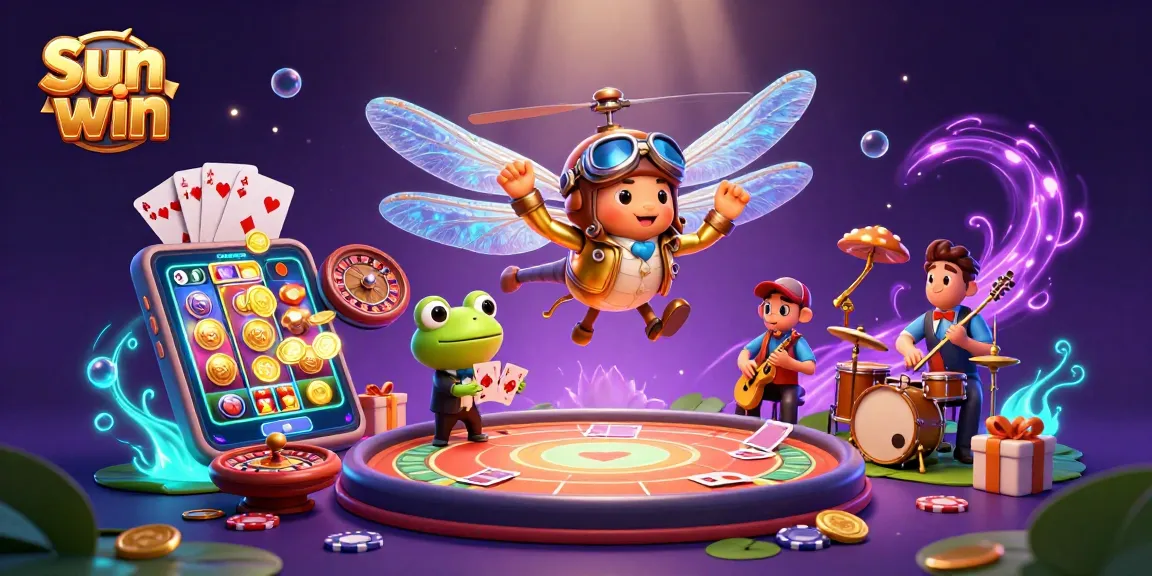Engage with Sun win gaming as you spin vibrant slots against a whimsical cartoon scene.