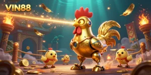 Engage in excitement with VIN88's vibrant 3D casino world filled with dynamic gaming elements and golden treasures.