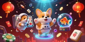 Experience go99's innovative slot gaming with a playful scene featuring a floating astronaut corgi amidst rich casino elements.
