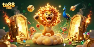 Engage with ta88 com's vibrant casino atmosphere featuring a roaring lion symbolizing victory and luck amidst dazzling wealth.