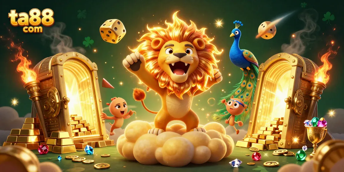 Engage with ta88 com's vibrant casino atmosphere featuring a roaring lion symbolizing victory and luck amidst dazzling wealth.