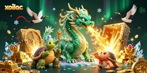 Xoilac features an emerald jade dragon and lucky cranes amidst a treasure-filled casino scene.