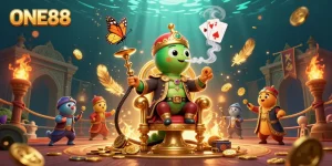 Experience the rich world of ONE88 with a mesmerizing 3D illustration of a hookah-master and golden casino elements.