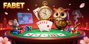Experience thrilling poker action at FABET with an owl and mouse in a vibrant casino!