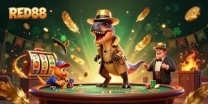 Bet and strategize at RED88 in an action-packed casino scene with cartoon dinosaurs.