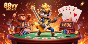 Engage with thrilling 88vv nhà cái by watching a rock star wolf performing live on a casino stage with poker elements.
