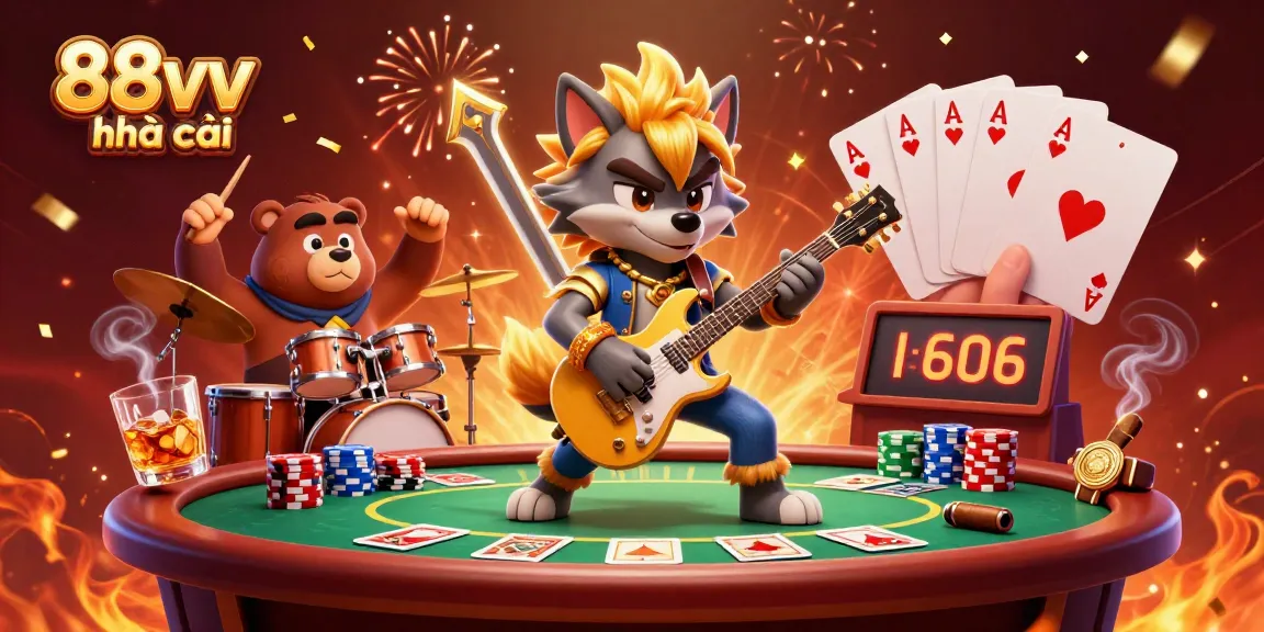 Engage with thrilling 88vv nhà cái by watching a rock star wolf performing live on a casino stage with poker elements.