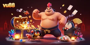 Bet on adventure with vu88: a vibrant 3D scene featuring a powerful sumo rooster and a samurai cricket.